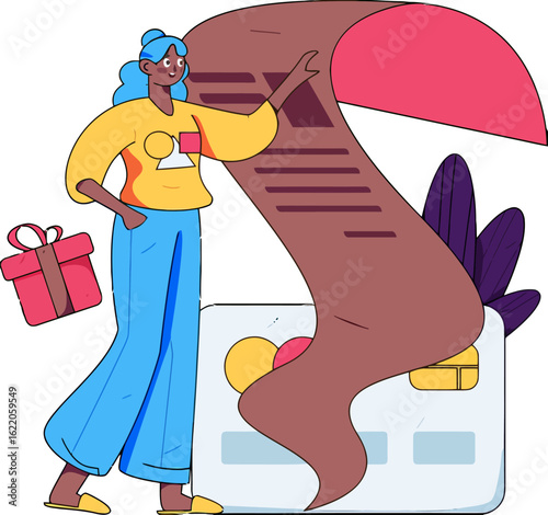 Stylish woman reviews her lengthy credit card statement after holiday shopping, a playful design for financial literacy campaigns aimed at young adults, budgeting tools, and smart spending habits