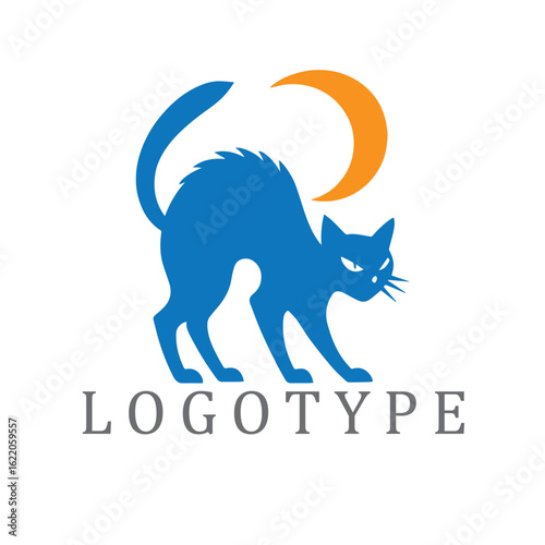 Blue, orange and white silhouette of an arched-back cat under a crescent moon, combining mystical elegance with sharp, dramatic lines for a moody Halloween vibe.