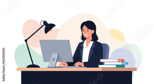 Happy businesswoman working on desktop computer in modern office. Ideal for websites, presentations, and marketing materials.