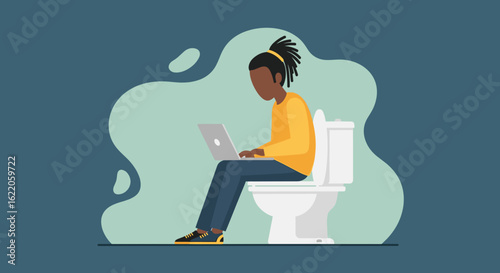 Illustration of a man working on his laptop while sitting on the toilet; perfect for articles about work-life balance or remote work.
