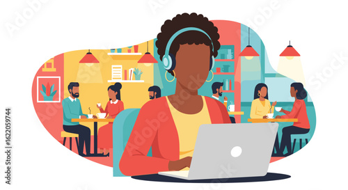 Woman working on laptop in a cafe, ideal for blog posts about remote work or co-working spaces.