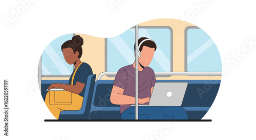 Diverse commuters on public transport: a man works on his laptop, a woman reads a book. Perfect for blogs about modern city life or transportation.