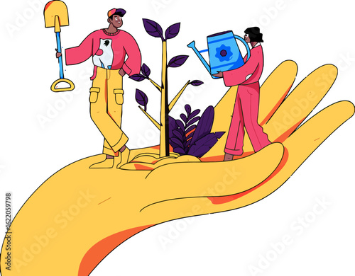 Cultivating a sustainable future together two people planting a tree on a hand symbolizing growth, environmental stewardship, and collaborative effort for a greener planet, embracing sustainability