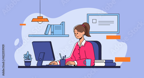 Woman working on computer in modern office - perfect for website banners, blog posts, or presentations.