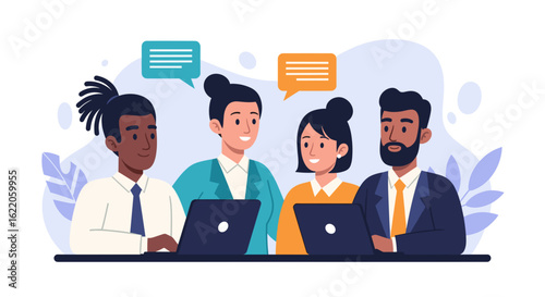 Diverse business team collaborating on laptops, ideal for website banners or presentations.