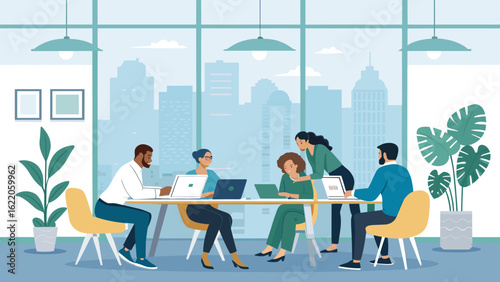 Diverse team collaborating on project in modern office, perfect for website or presentation.