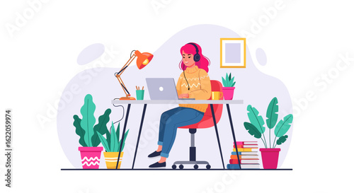 Young woman working from home on laptop, perfect for remote work, freelance, or online learning websites and blogs.