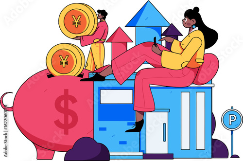 Successful investment illustration depicting wealth accumulation and financial growth, featuring a piggy bank, currency symbols, and upward trending arrows for business and economic prosperity