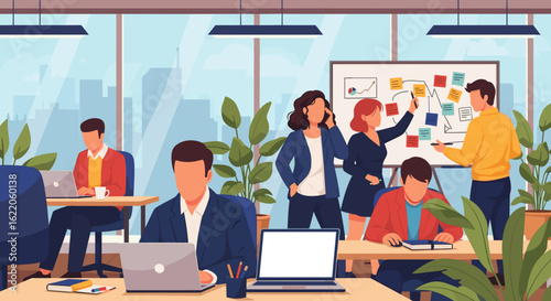 Diverse team collaborating in a modern office, perfect for illustrating teamwork and productivity on your website or marketing materials.