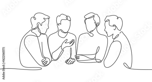 Minimal continuous line drawing of four people discussing, symbolizing teamwork, communication, and collaborative problem-solving