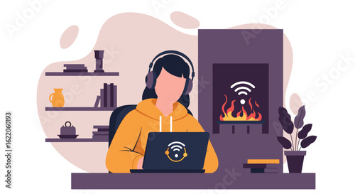 Person working from home on laptop, cozy atmosphere with fireplace, perfect for remote work blog or article.