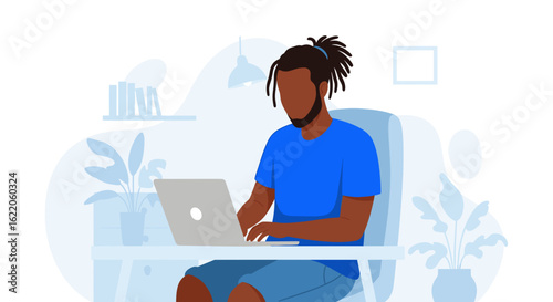 A young man works from home on his laptop. Perfect for websites, blogs, and articles about remote work, freelancing, or home offices.