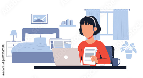 Woman working from home on laptop, perfect for illustrating remote work, work from home, or freelance lifestyle.