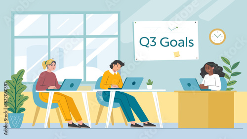 Diverse team working together on Q3 goals in a modern office setting. Ideal for presentations, reports, and website banners.
