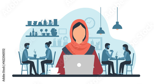 Woman in hijab working on laptop in cafe, ideal for blog posts about remote work or modern lifestyles.