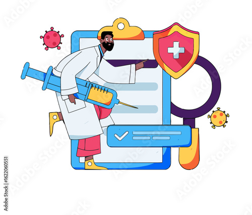 Dedicated doctor providing vaccine injection for virus protection and writing medical information on a clipboard, promoting healthcare and wellness initiatives in the community