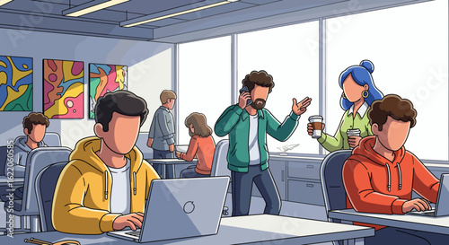 Illustration of diverse coworkers in a modern office, ideal for website banners or company brochures.
