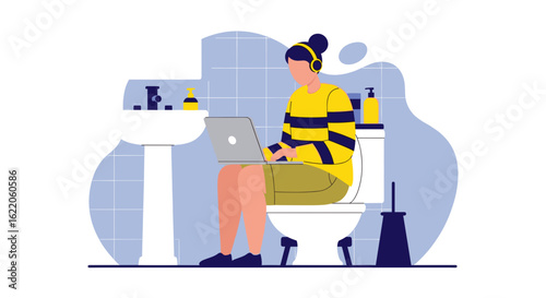 Woman working on laptop in bathroom - Illustration for articles about remote work, work-life balance, or humor.