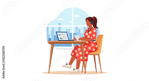 Woman working from home, using laptop and headphones, perfect for remote work illustrations and blog posts.