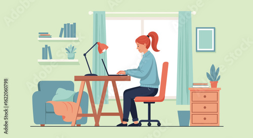 Woman working from home at her desk, perfect for blog posts about remote work or productivity.