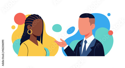 Diverse colleagues in conversation: Illustration perfect for websites, presentations, and brochures promoting diversity and inclusion.
