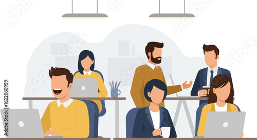 Happy diverse business team working together in a modern office, perfect for website banners or brochures.