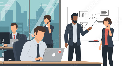 Diverse business team collaborating in a modern office, perfect for illustrating teamwork and corporate success.