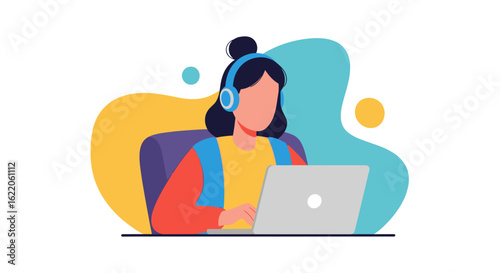 Woman working on laptop with headphones, perfect for website banners or blog posts about remote work.