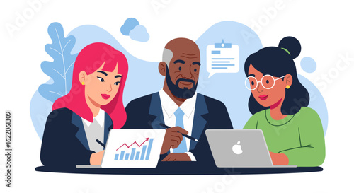 Diverse business team collaborating on project, perfect for website banners or presentations.