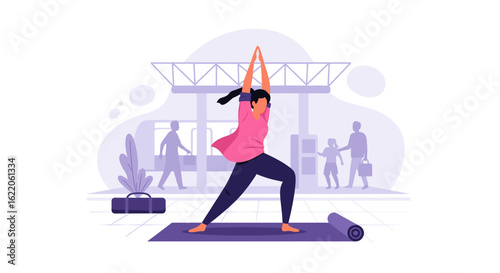 Woman doing yoga at a transit station - perfect for wellness, mindfulness, and healthy lifestyle content.