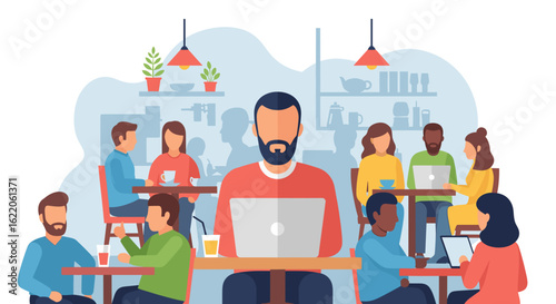 Diverse group of people working on laptops in a modern cafe, ideal for websites and marketing materials.