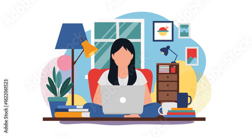 Woman working from home on laptop, cozy home office illustration for blog or website.