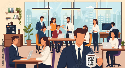 Busy office workers collaborating and working on laptops, perfect for business presentations or website banners.