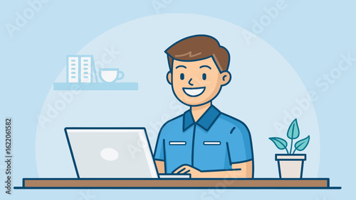 Happy man working on laptop, perfect for website or blog post about remote work, freelance, or online business.