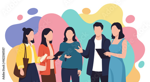 Diverse group of young professionals collaborating and using digital devices. Ideal for business, teamwork, and technology marketing materials.