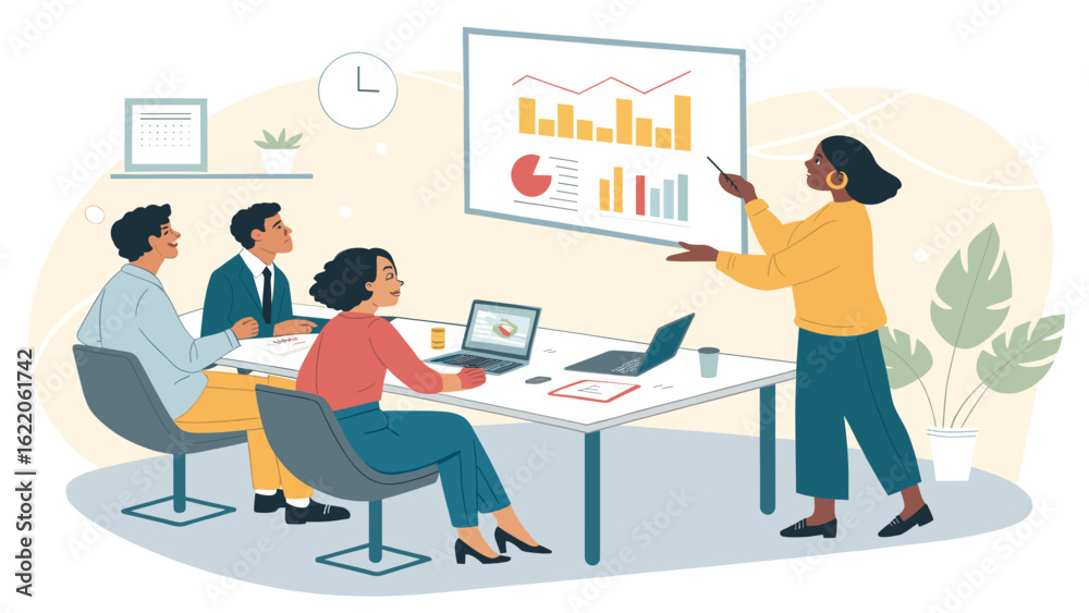 Obraz premium Diverse business team in meeting, woman presenting data on whiteboard, perfect for website landing page or company brochure.