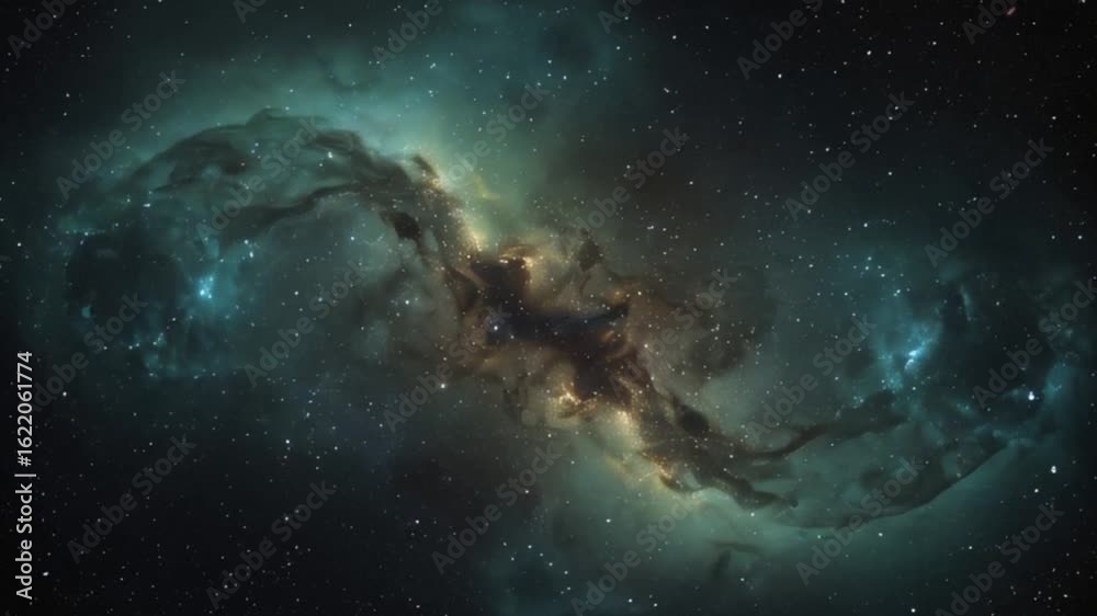 A vibrant teal and gold cosmic nebula sprawls across the deep space canvas, with delicate, swirling clouds of gas and dust illuminated by the soft glow of distant stars, set against a backdrop of inky