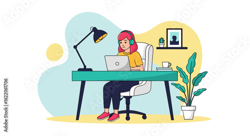 Young woman working from home on laptop, perfect for blog posts about remote work or online education.