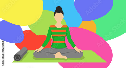 Woman meditating in lotus pose on yoga mat, colorful abstract background. Perfect for wellness websites, brochures, and meditation apps.