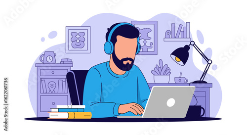 Man working from home on laptop, perfect for website banners or blog posts about remote work.