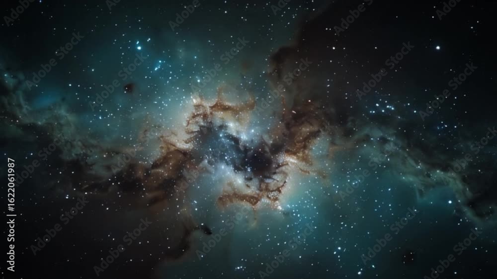 A vibrant teal and gold cosmic nebula sprawls across the deep space canvas, with delicate, swirling clouds of gas and dust illuminated by the soft glow of distant stars, set against a backdrop of inky