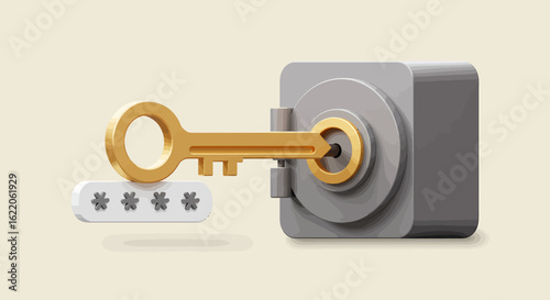 Golden key unlocking a digital safe, symbolizing secure access and password protection.