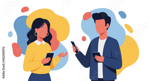 Modern illustration of a man and woman using smartphones, perfect for websites or app presentations.