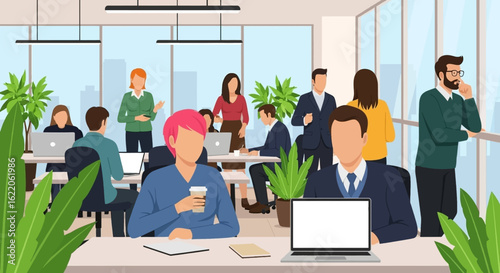 Diverse team of coworkers collaborating in a modern office space. Ideal for website banners, brochures, and presentations about teamwork and business success.