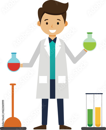 Scientist holding flasks with colorful liquids isolated on on transparent backgrounds