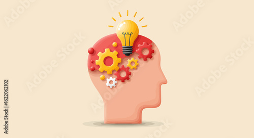 Human head with gears and a lightbulb, symbolizing creative thinking and problem-solving.