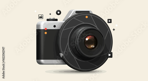 Stylish camera illustration with lens and floating photography icons.