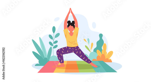 Woman practicing yoga outdoors, perfect for wellness websites or brochures.