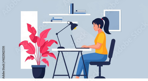 Young woman working on laptop at home office, perfect for blog post or website banner.