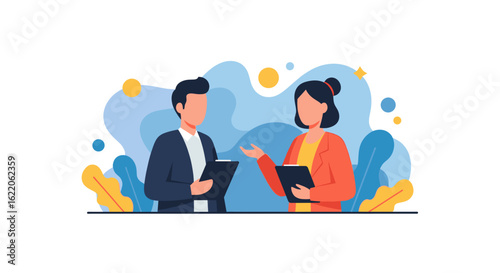 Business colleagues discussing project, perfect for presentations or website landing pages.